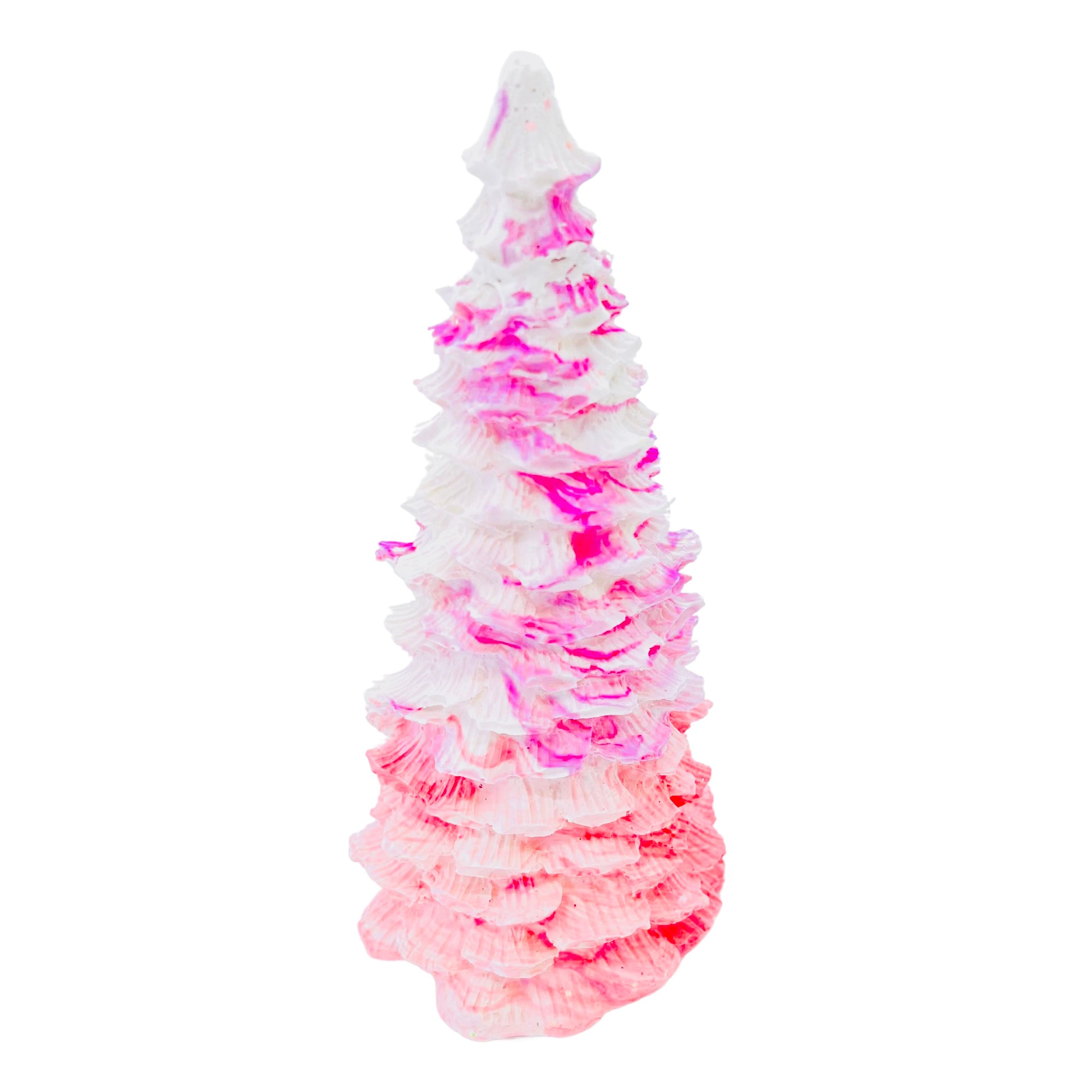 This tall Jesmonite Christmas tree measures 13.5cm in height and has been marbled with magenta and red pigment.