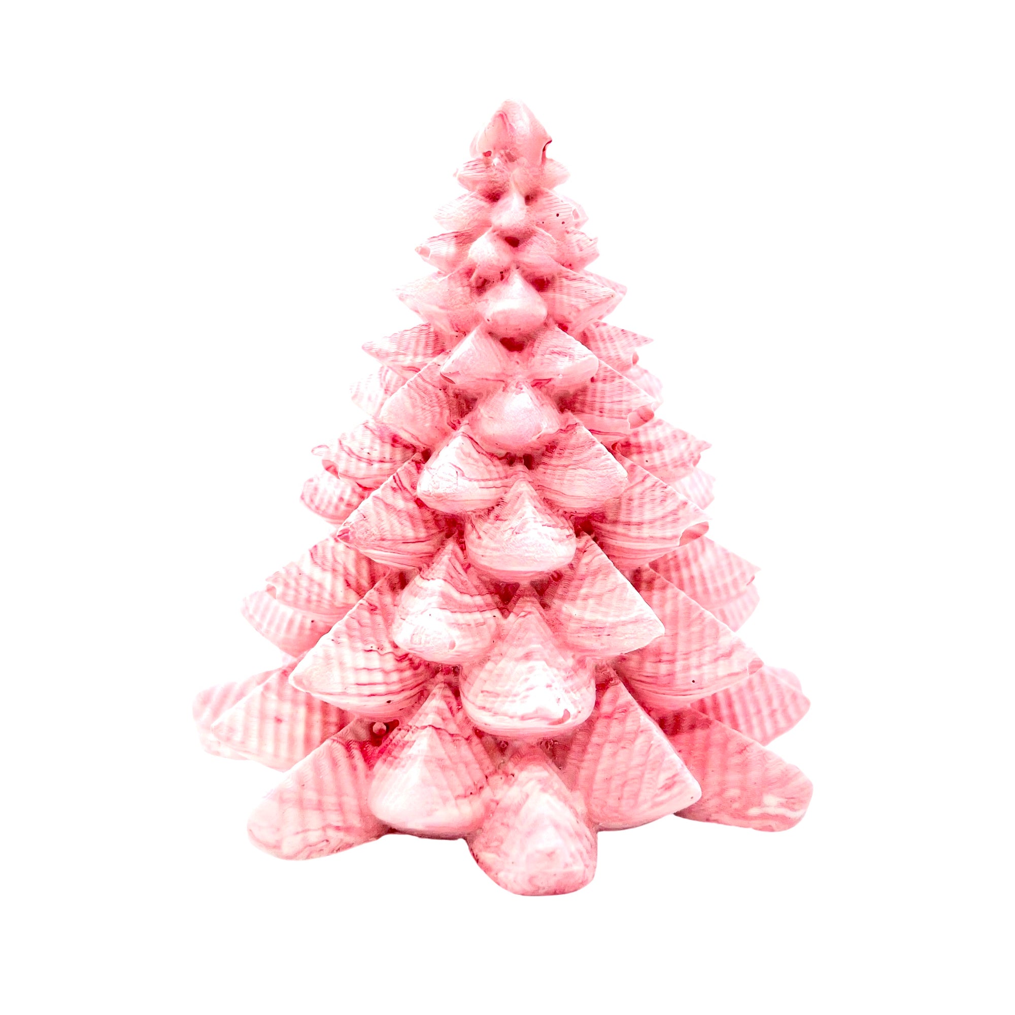 A small Jesmonite Christmas tree measuring 8.5cm tall and 7.5cm wide marbled with baby pink  pigment.