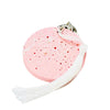 A round Jesmonite disc keyring measuring 6cm in diameter coloured with baby pink pigment and sprinkled with pink glitter.