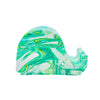 A Jesmonite elephant mobile phone stand measuring 6.5cm in length marbled with green pigment.