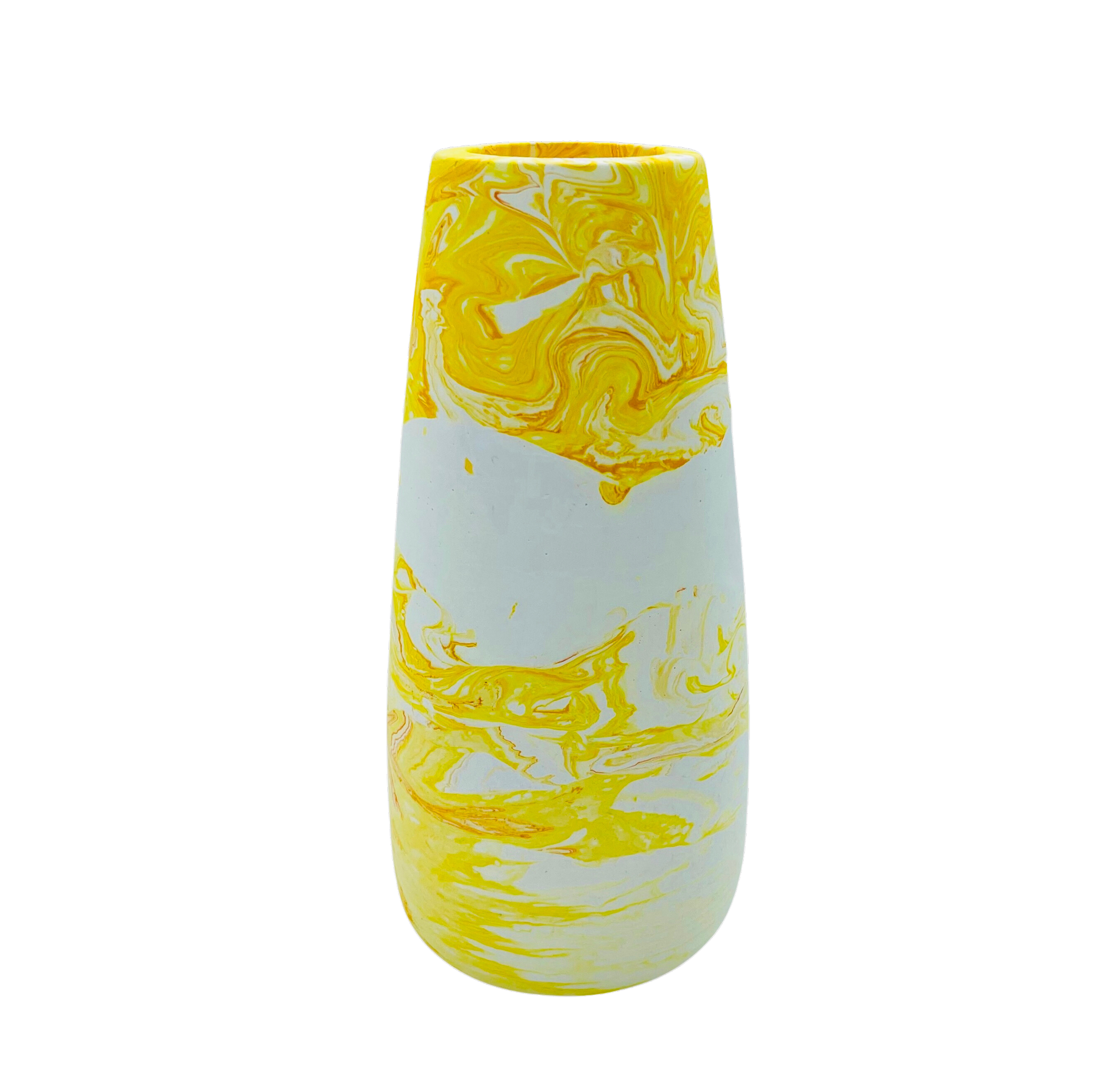 A heavy base vase made from jesmonite standing 19.5cm in height marbled with yellow pigment.