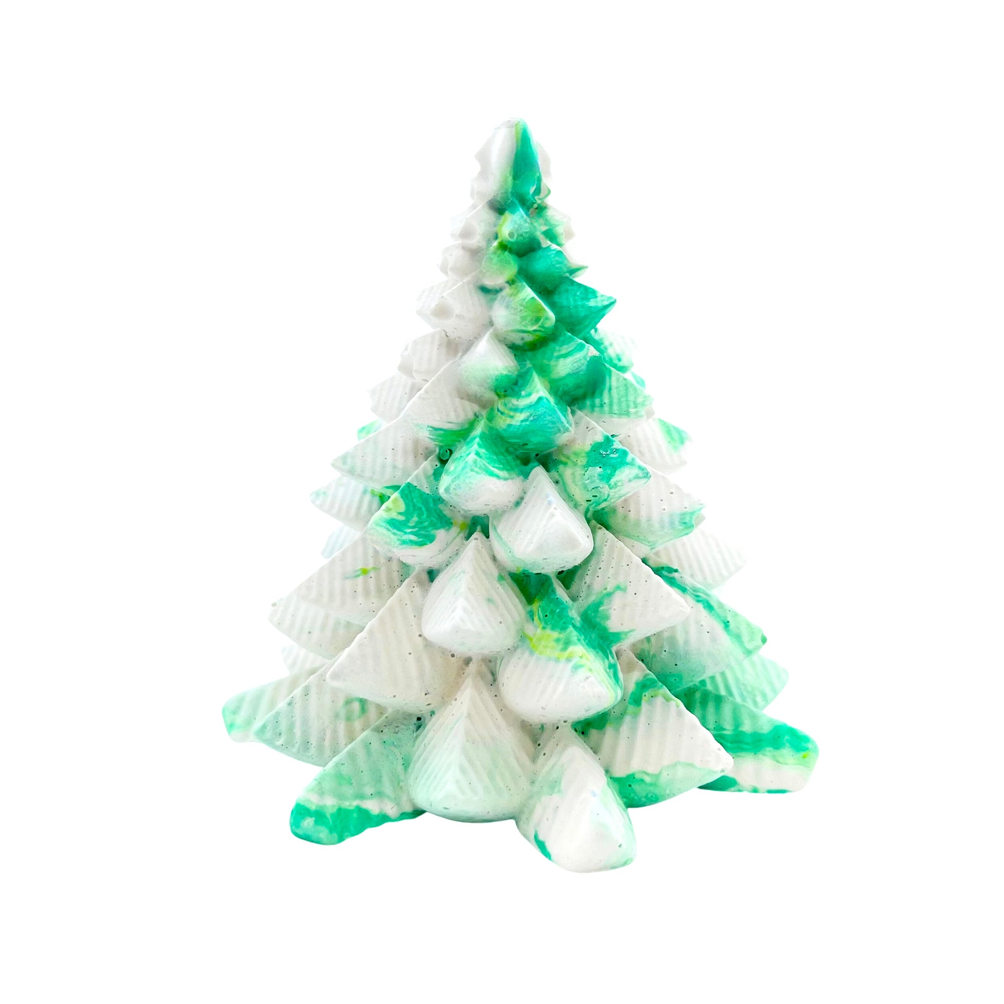 A small Jesmonite Christmas tree measuring 8.5cm tall and 7.5cm wide marbled with green and white pigment.