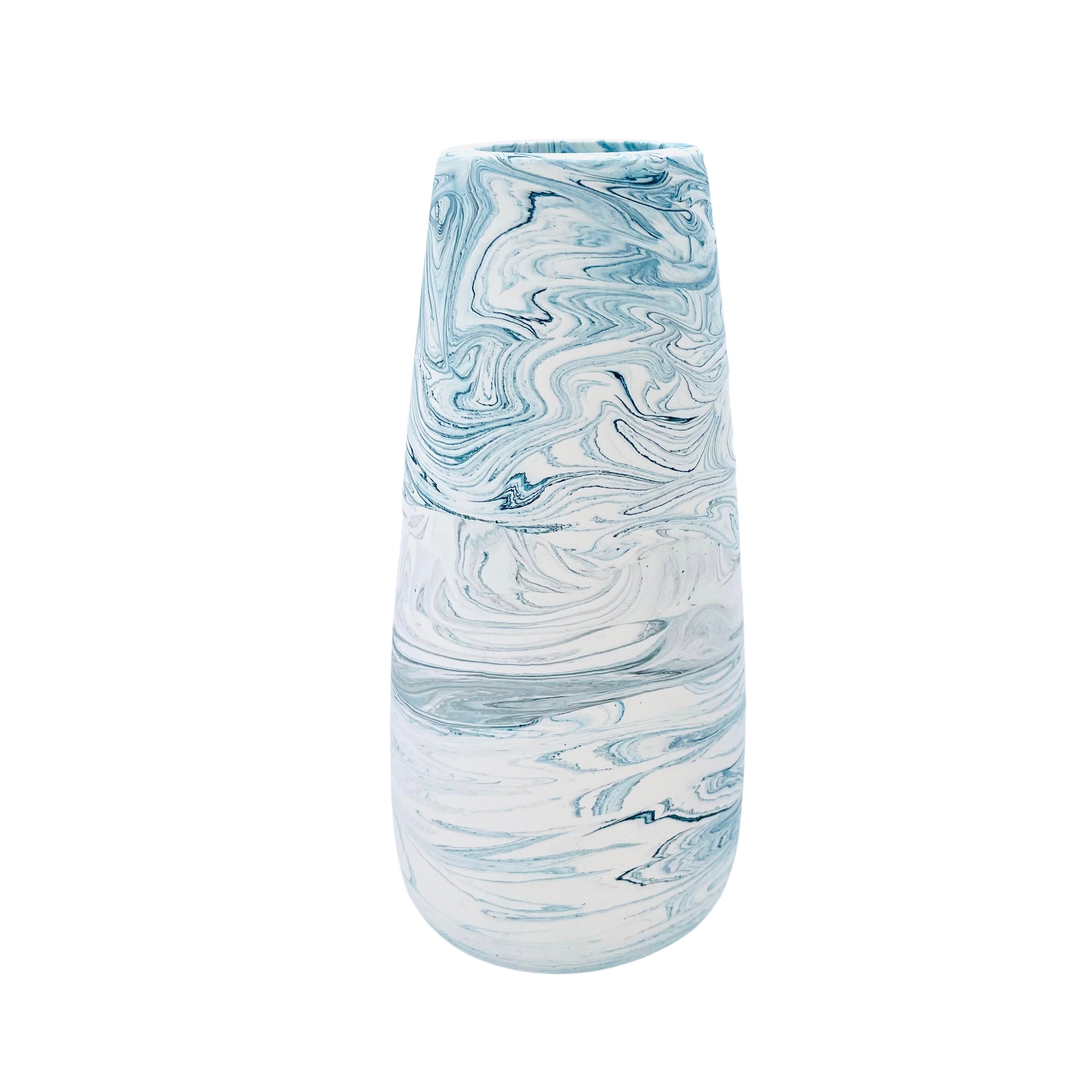 A heavy base vase made from  jesmonite standing 19.5cm in height marbled with blue lagoon pigment.