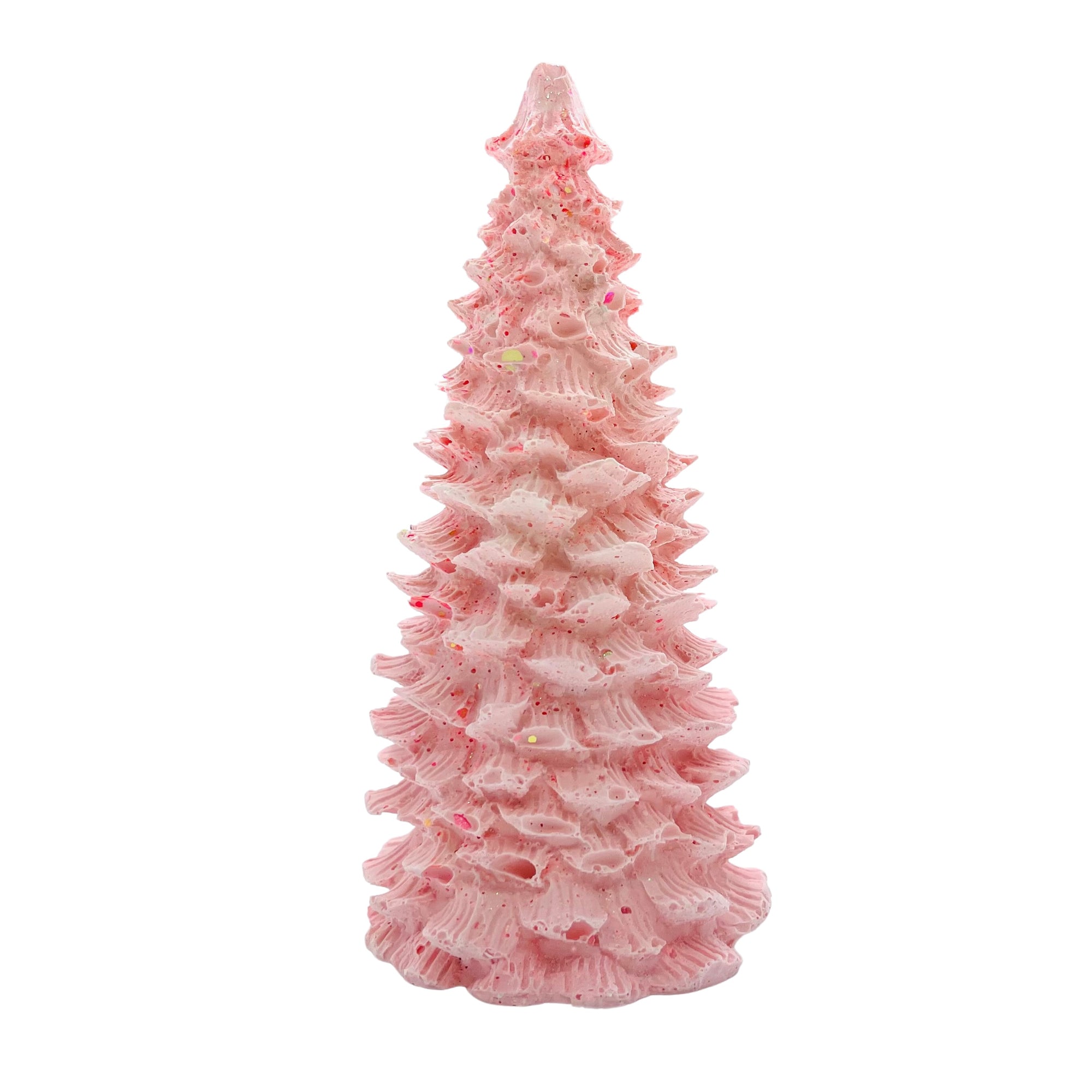 This  tall Jesmonite Christmas tree measures 13.5cm in height and has been marbled with baby pink pigment and pink glitter.