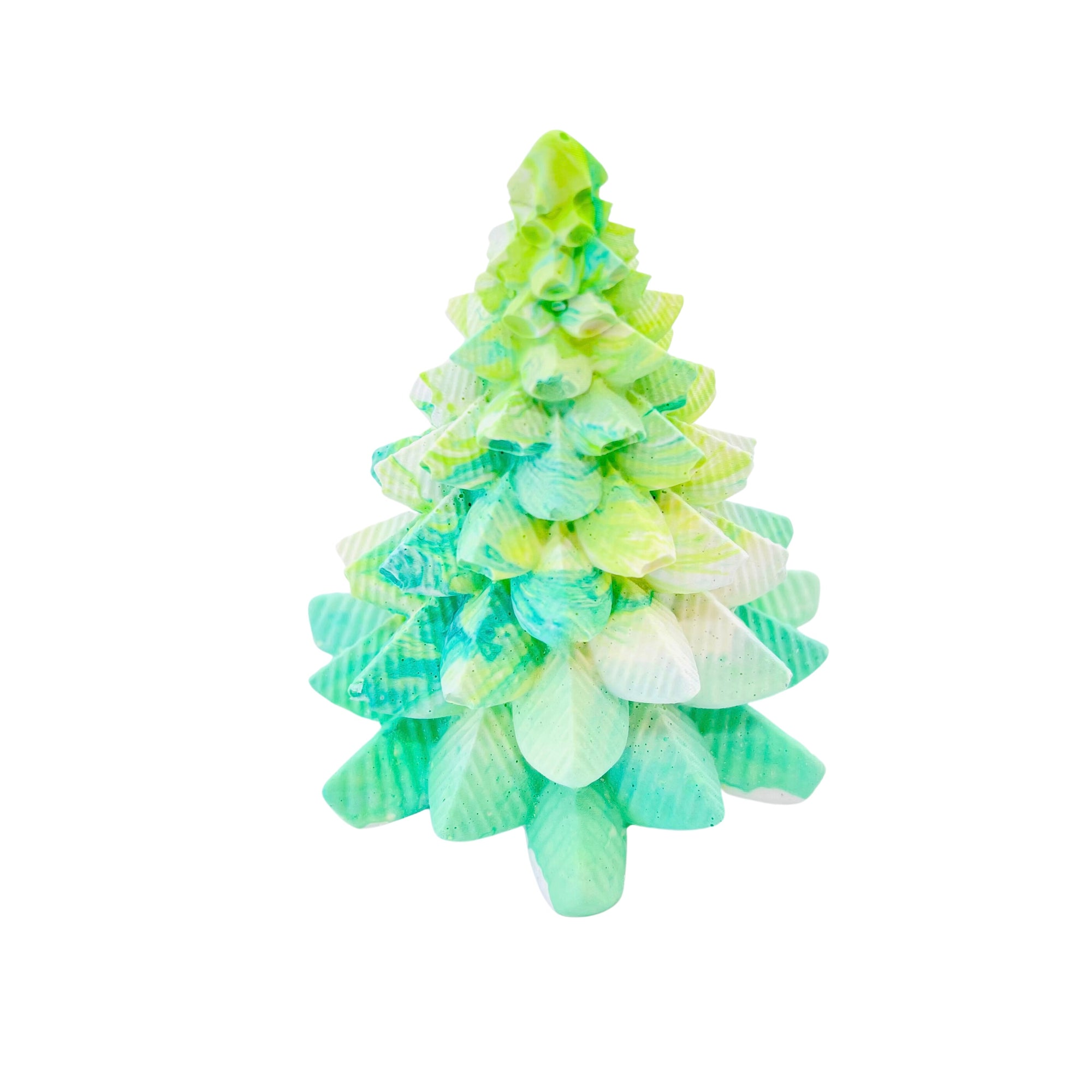 A small Jesmonite Christmas tree measuring 8.5cm tall and 7.5cm wide marbled with turquoise and lime green pigment.