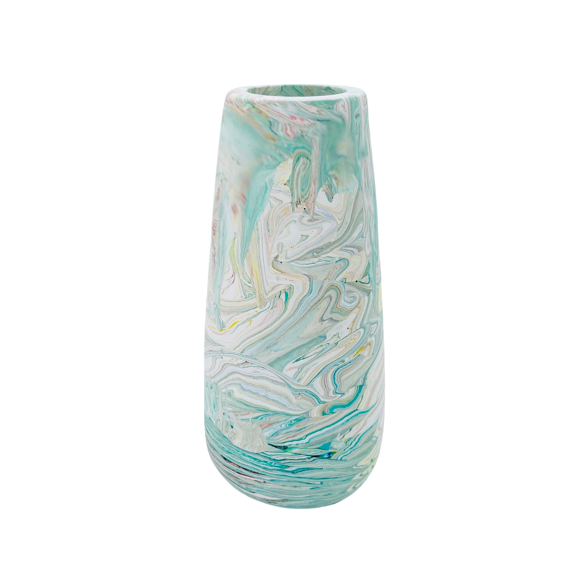 A heavy base vase made from  jesmonite standing 19.5cm in height marbled with turquoise pigment.