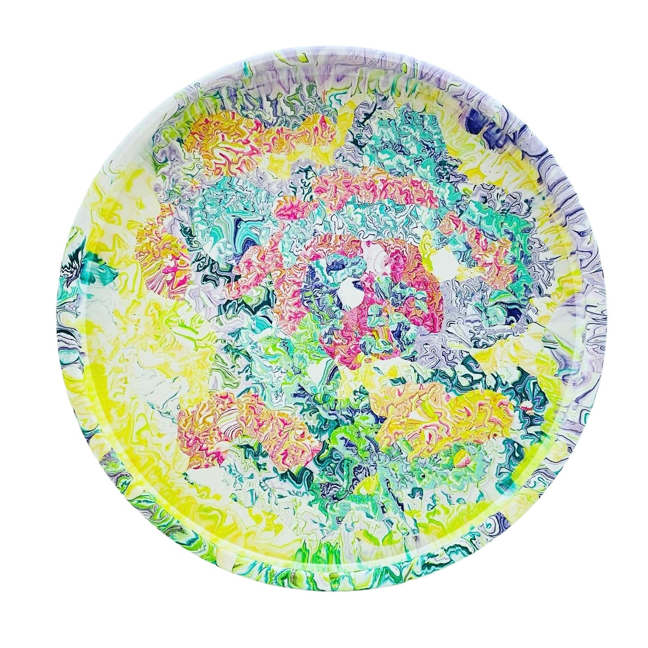 A soft-edged large circular Jesmonite serving or display tray marbled with multicolour pigment.