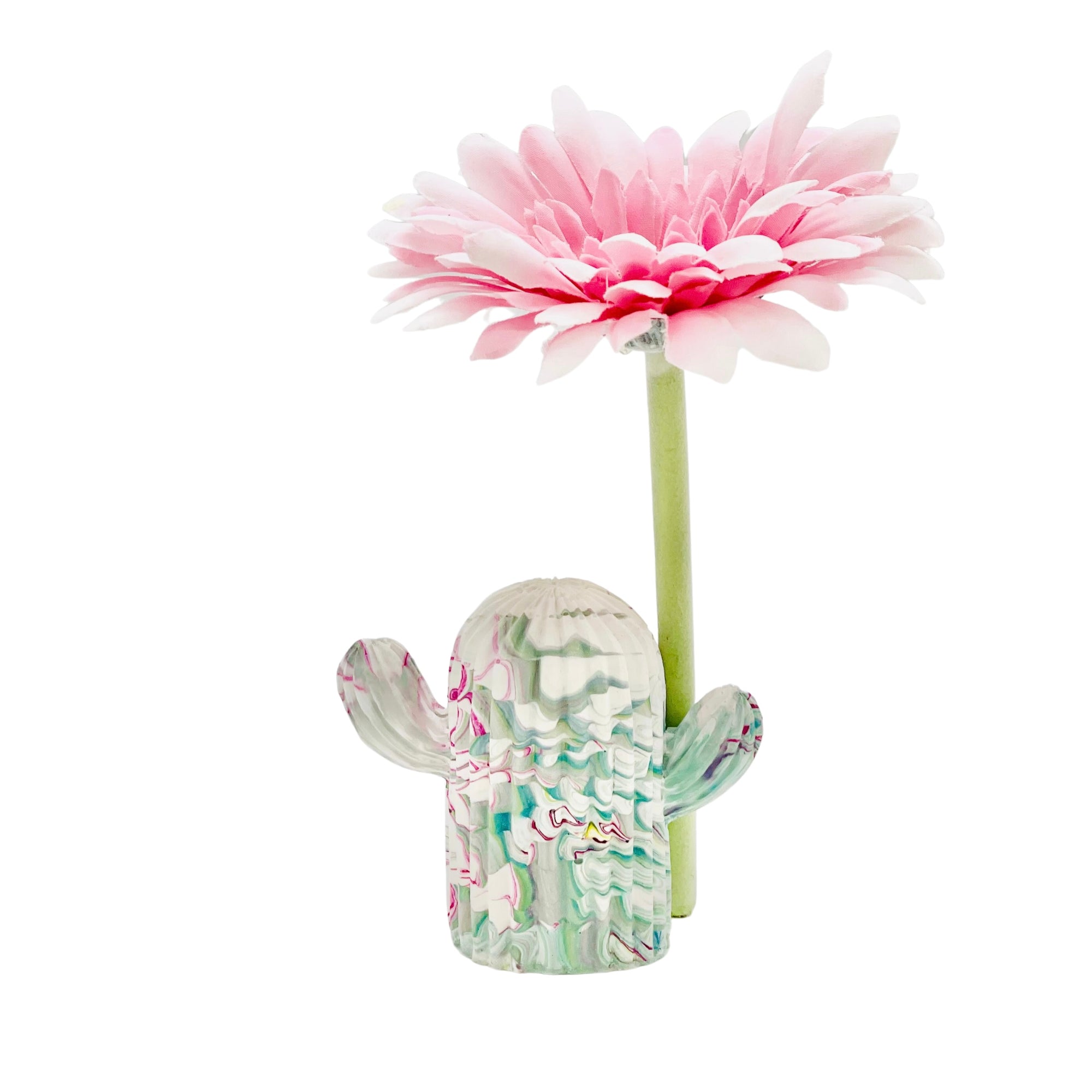 A medium size Jesmonite cactus measuring 7.5cm tall marbled with teal and magenta pigment.
