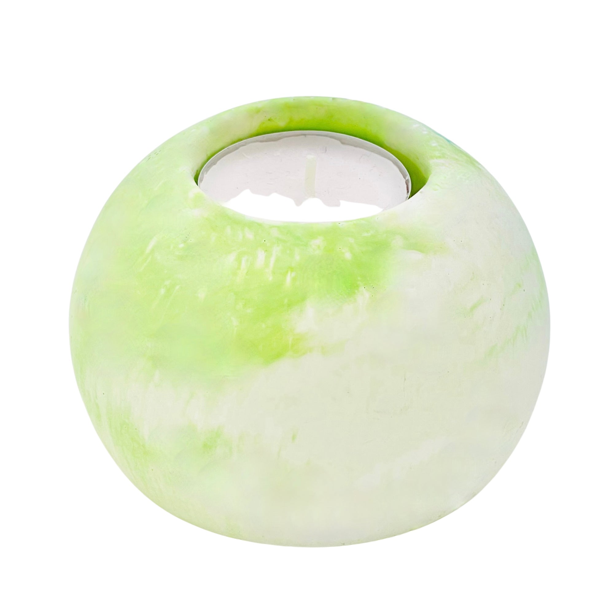 A solid Jesmonite spherical tealight holder measuring 9.2cm in diameter marbled with lime green pigment.