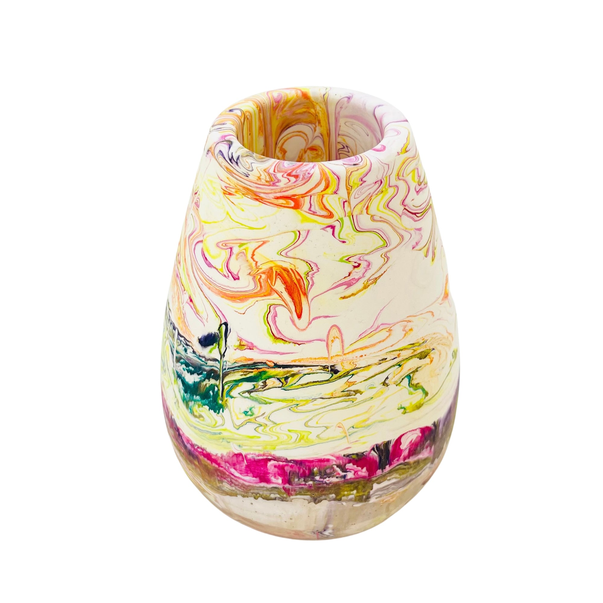 This heavy conical Jesmonite vase measures 11cm in diameter and 15cm height and is marbled with multicolour pigment.