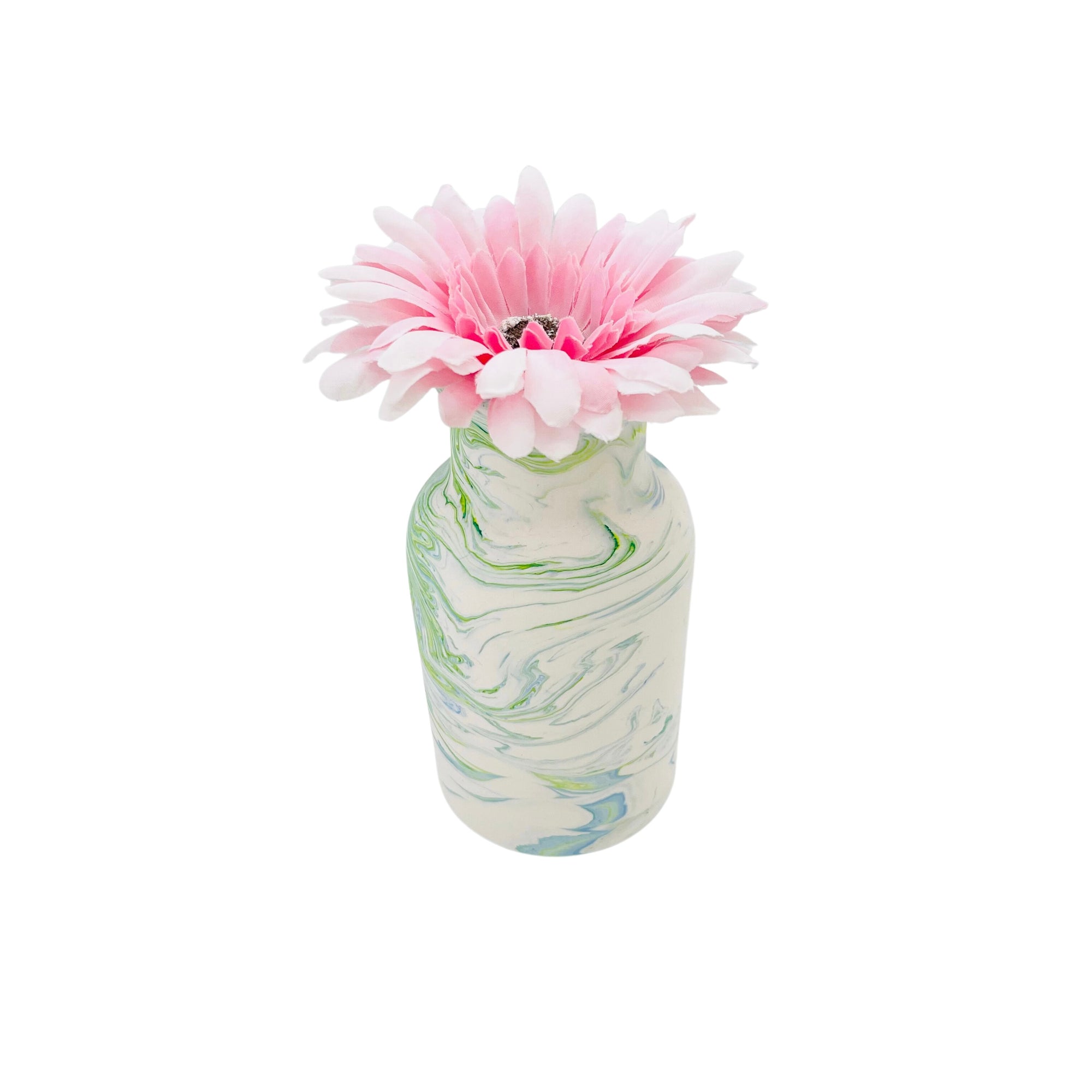 A Jesmonite eco-friendly bottle vase with a neck diameter of 6.50cm marbled with baby blue and green pigment.