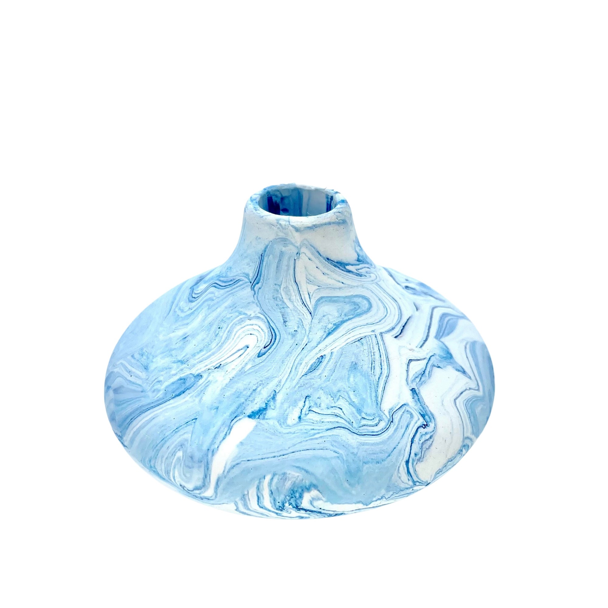 This small bulbous Jesmonite vase is marbled with baby blue  pigment.