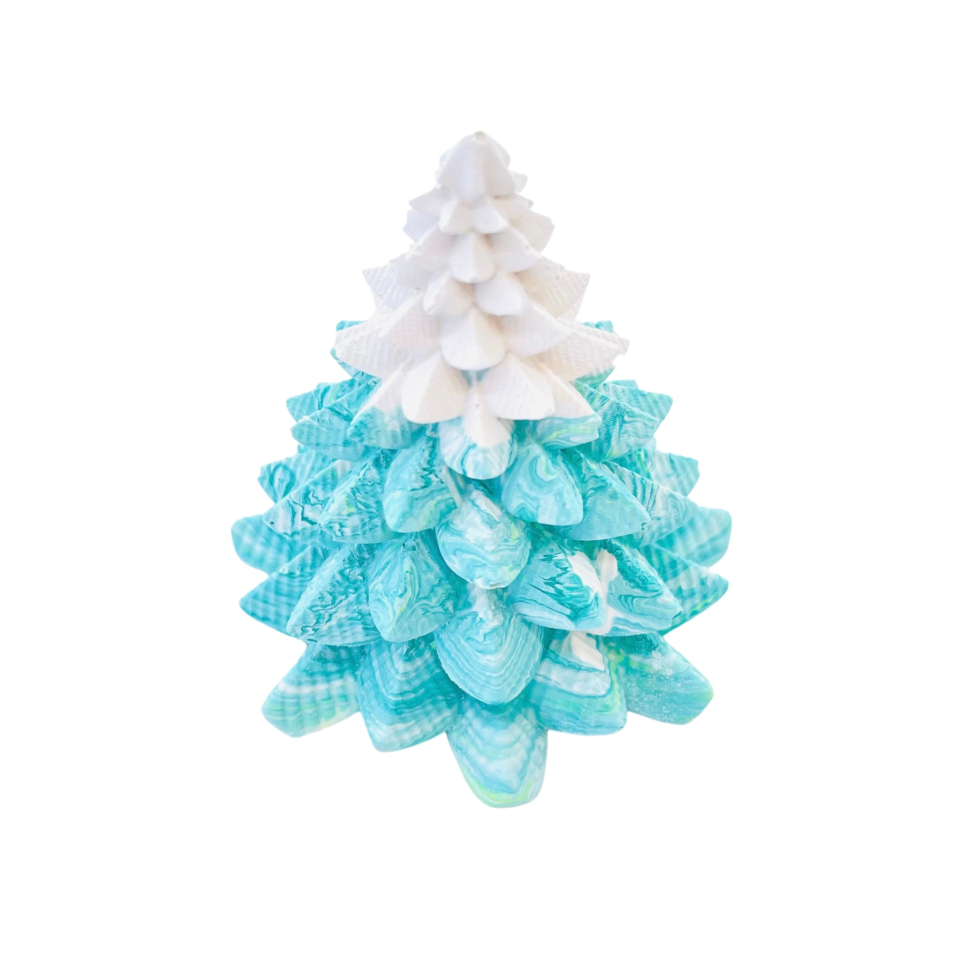 A small Jesmonite Christmas tree measuring 8.5cm tall and 7.5cm wide marbled with turquoise and white  pigment.