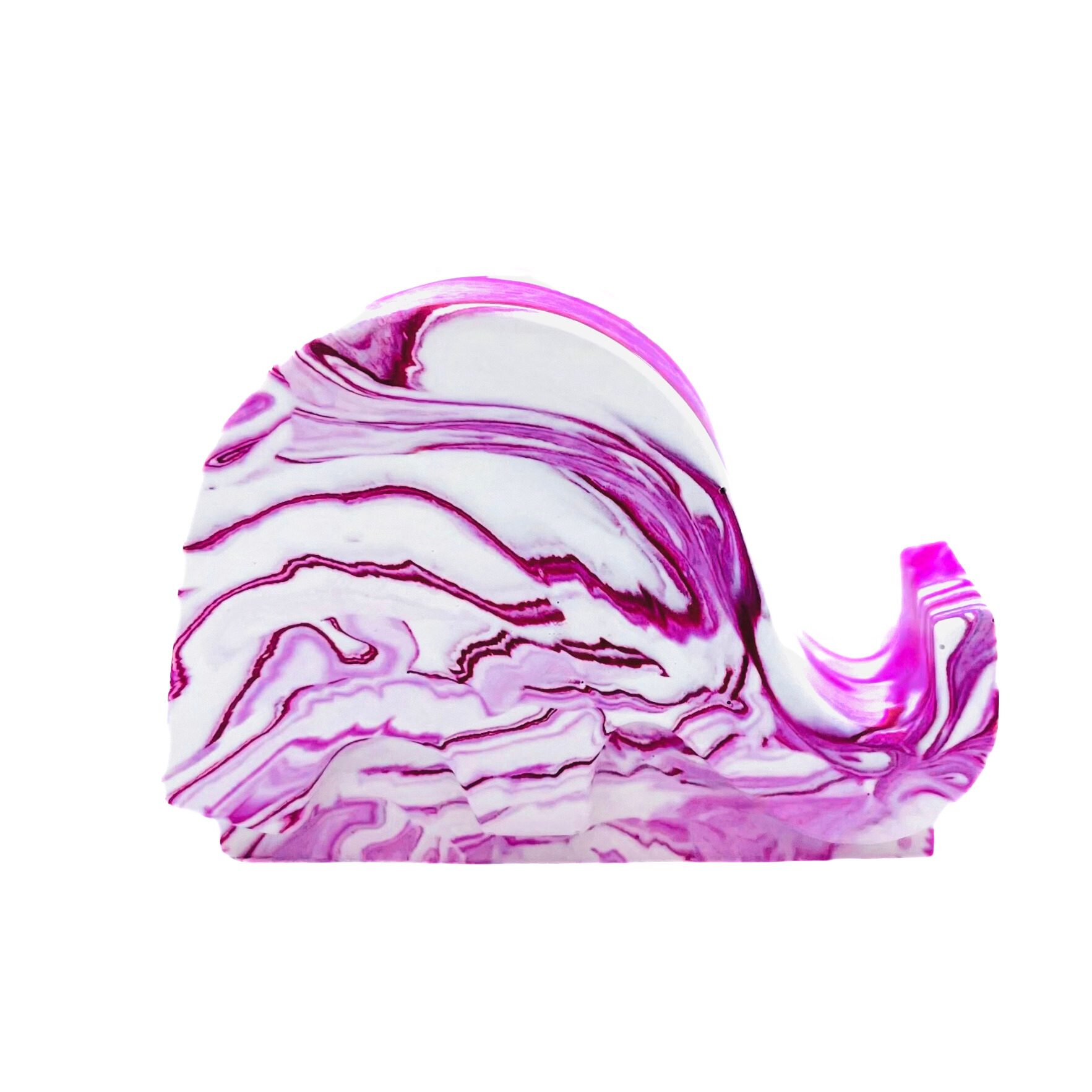A Jesmonite elephant mobile phone stand measuring 6.5cm in length marbled with magenta pigment.