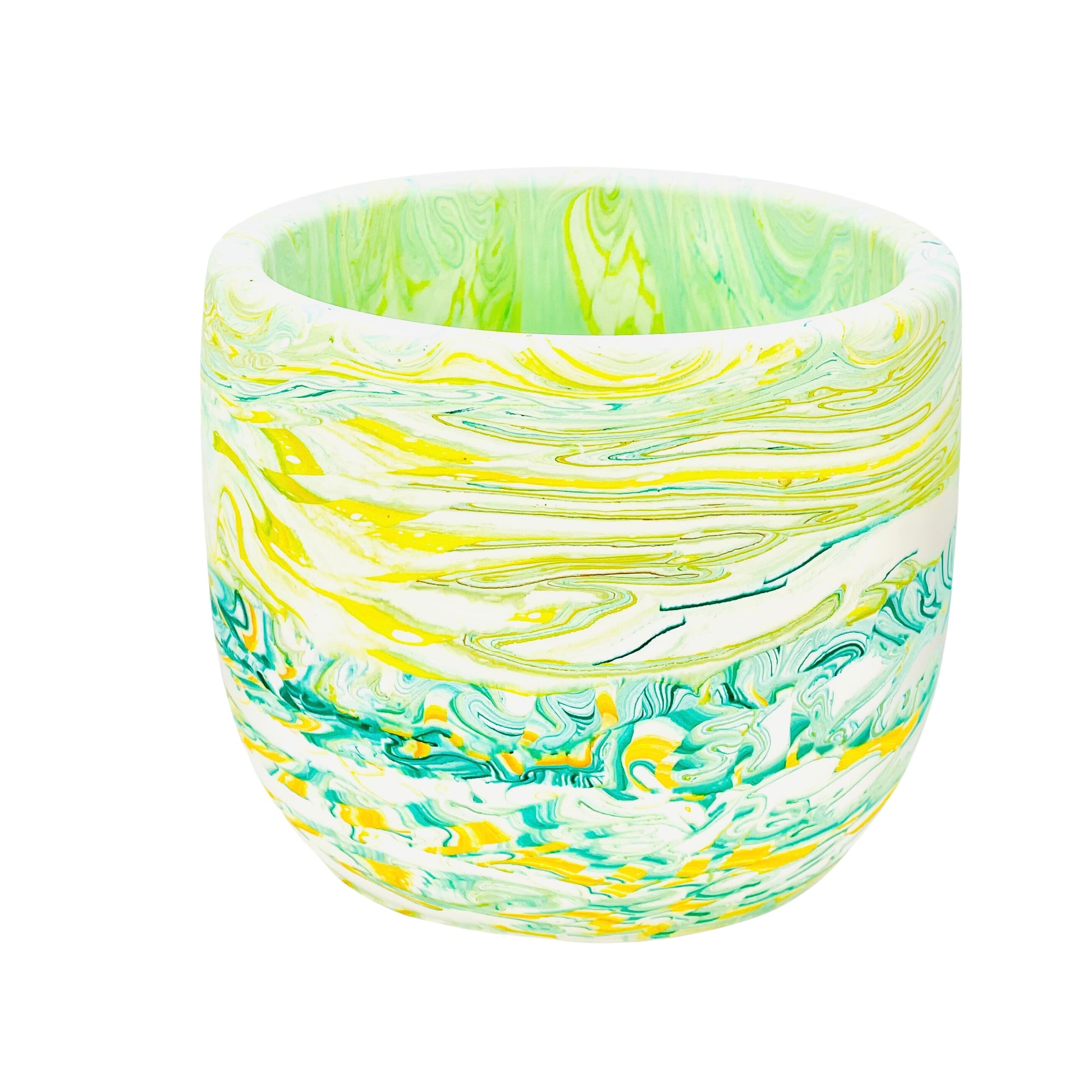 A  soft edged Jesmonite flower pot measuring 12.8cm in diameter,  marbled with swirls of green, teal and yellow  pigment.
