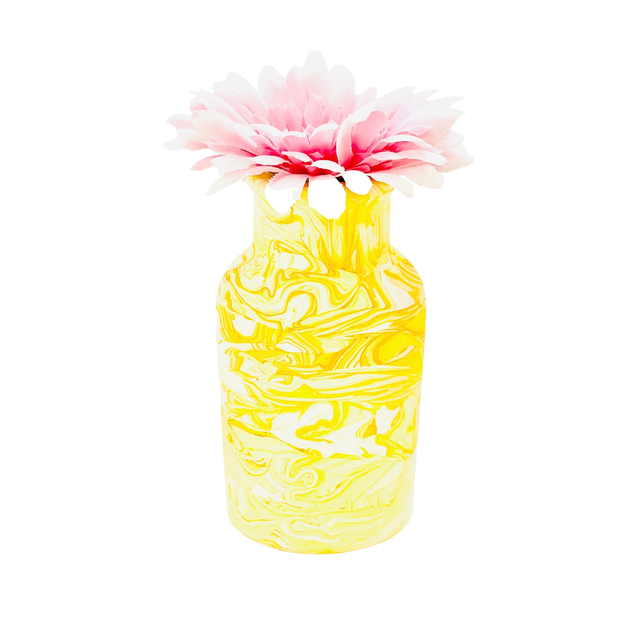 A Jesmonite eco-friendly bottle vase with a neck diameter of 6.50cm marbled with yellow pigment.