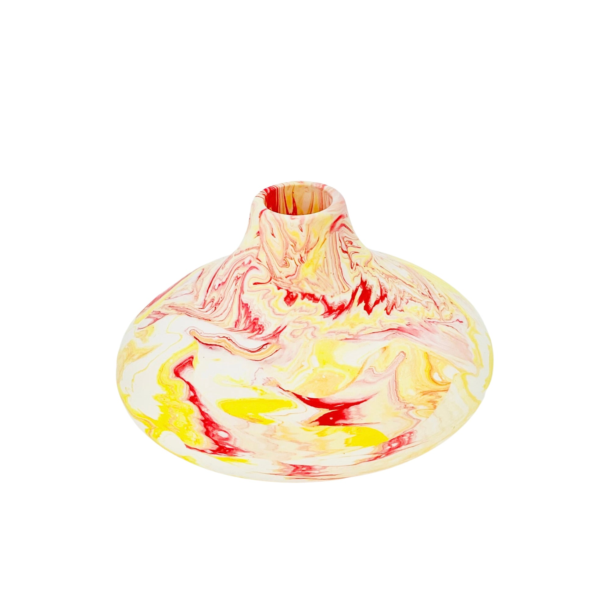 This small bulbous Jesmonite vase is marbled with red and yellow pigment.