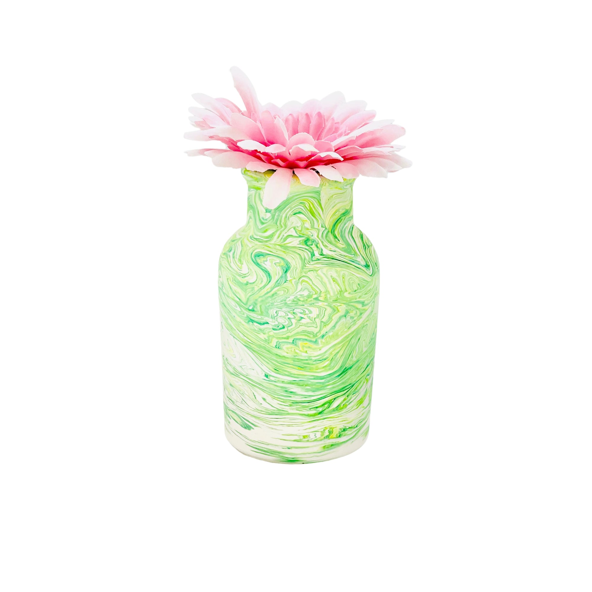A Jesmonite eco-friendly bottle vase with a neck diameter of 6.50cm marbled with green pigment.