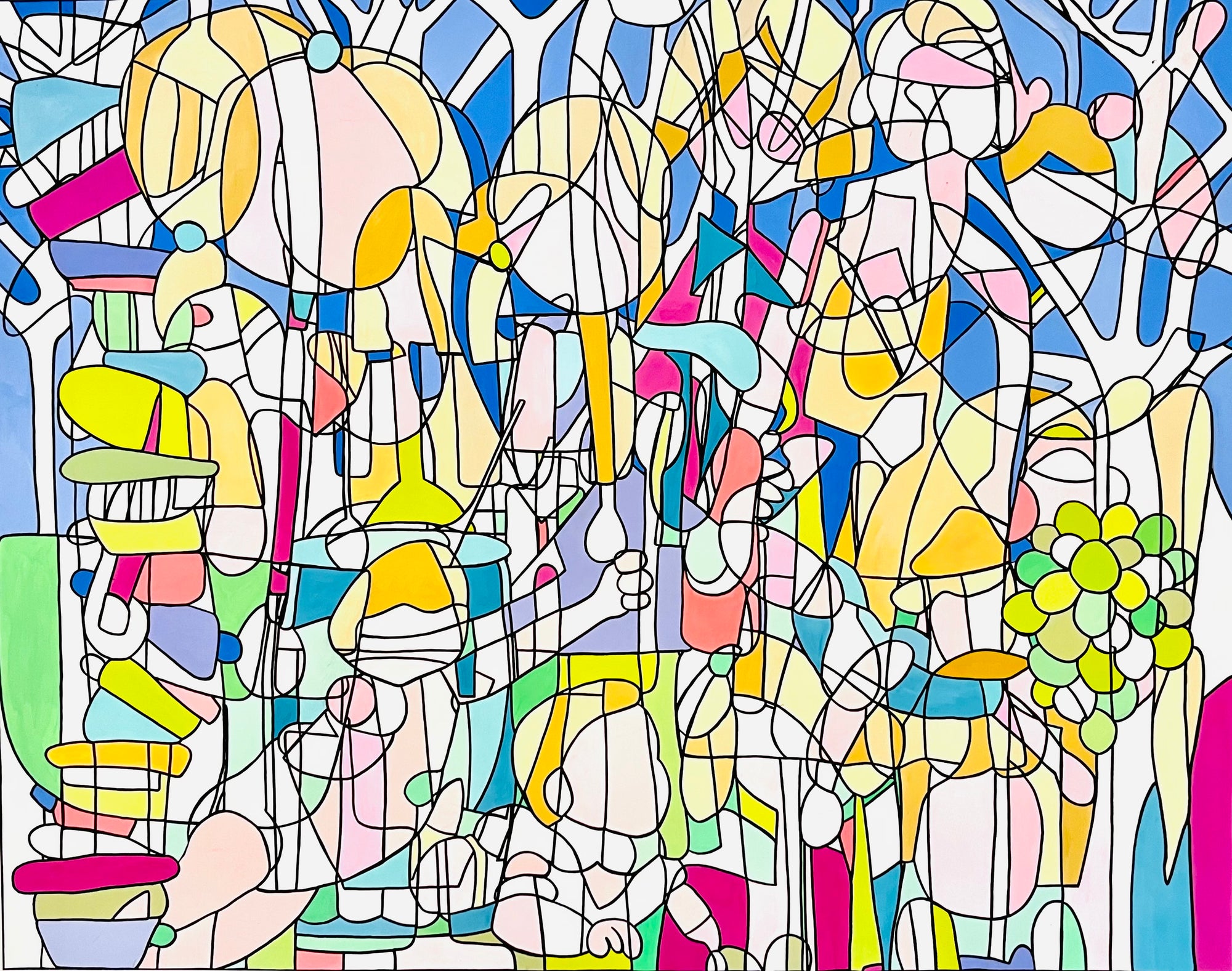 This large acrylic gouache painting is made up of a scaffold of drawing lines and blocks of colour.  It measures 153cm in width and 122cm in height and has been painted on 400gsm paper.