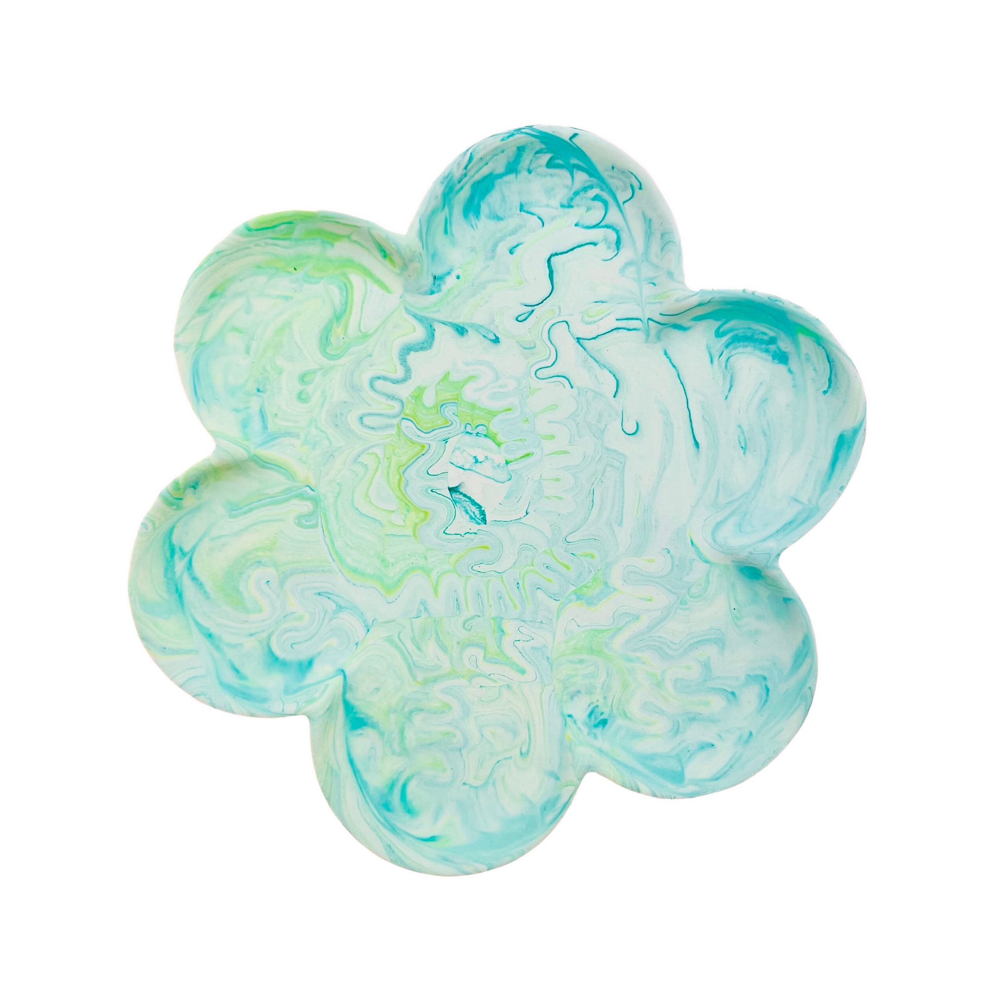 A Jesmonite dish shaped like a daisy measuring 14.50cm in diameter marbled with turquoise and lime pigment.