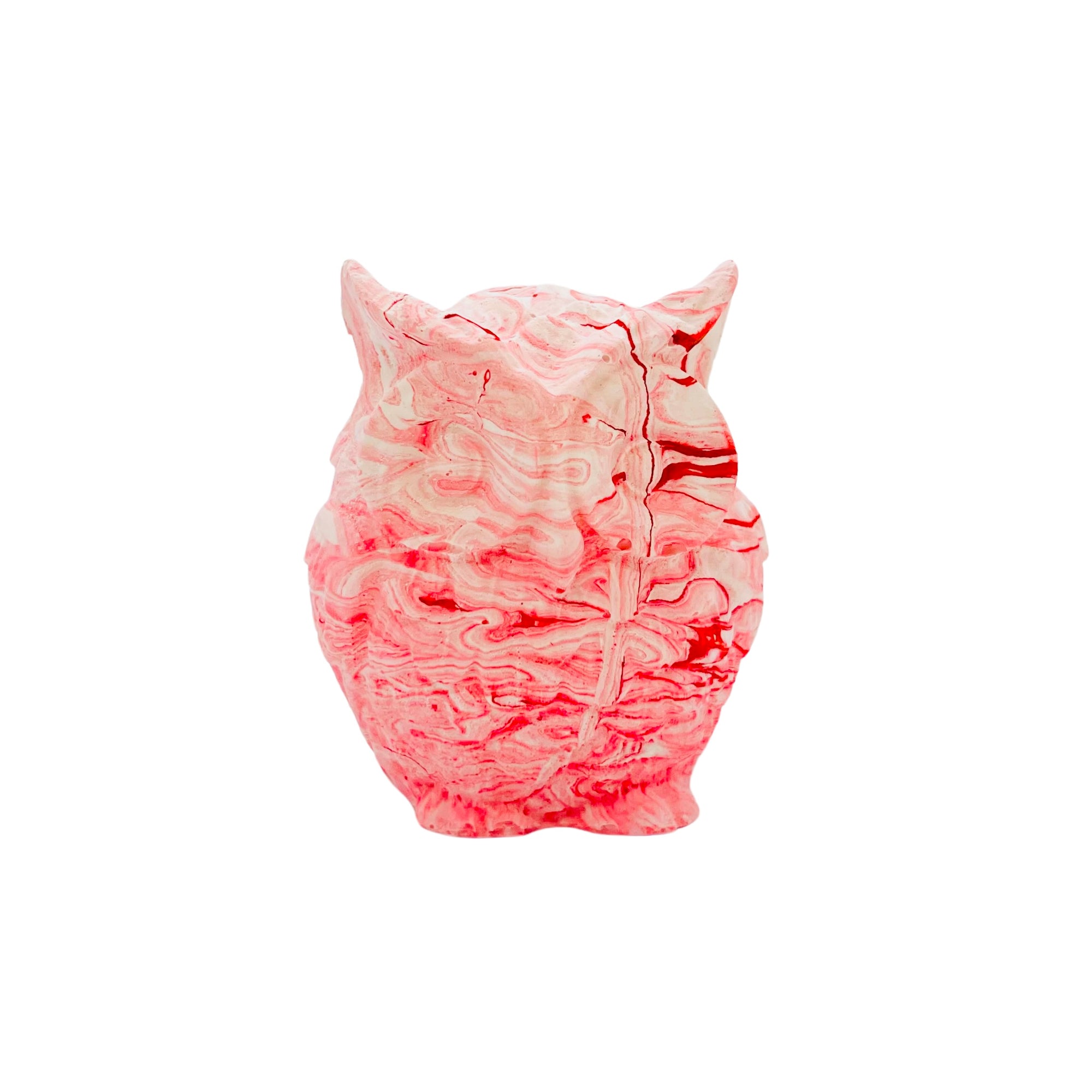 A small owl made from Jesmonite measuring 5cm in height marbled with red pigment.