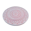 A circular mandela Jesmonite coaster measuring 9.3cm in diameter and 0.8 cm in height marbled with baby pink pigment.