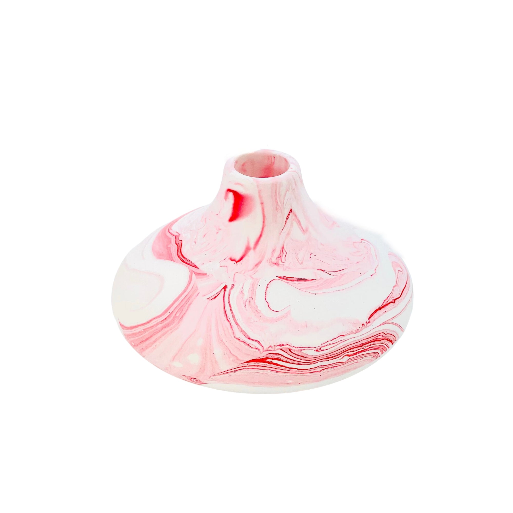 This small bulbous Jesmonite vase is marbled with red and white pigment.
