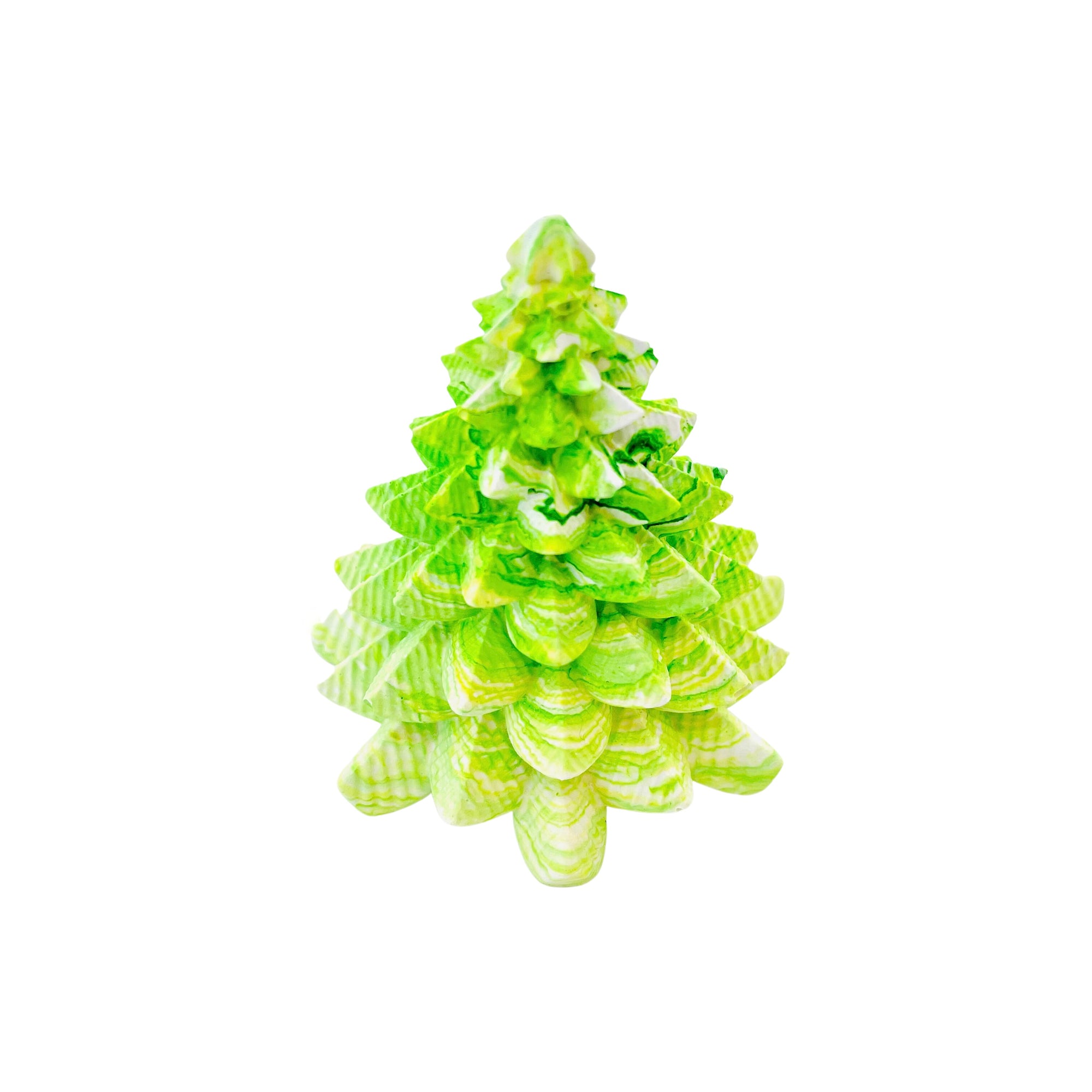 A small Jesmonite Christmas tree measuring 8.5cm tall and 7.5cm wide marbled with lime green  pigment.