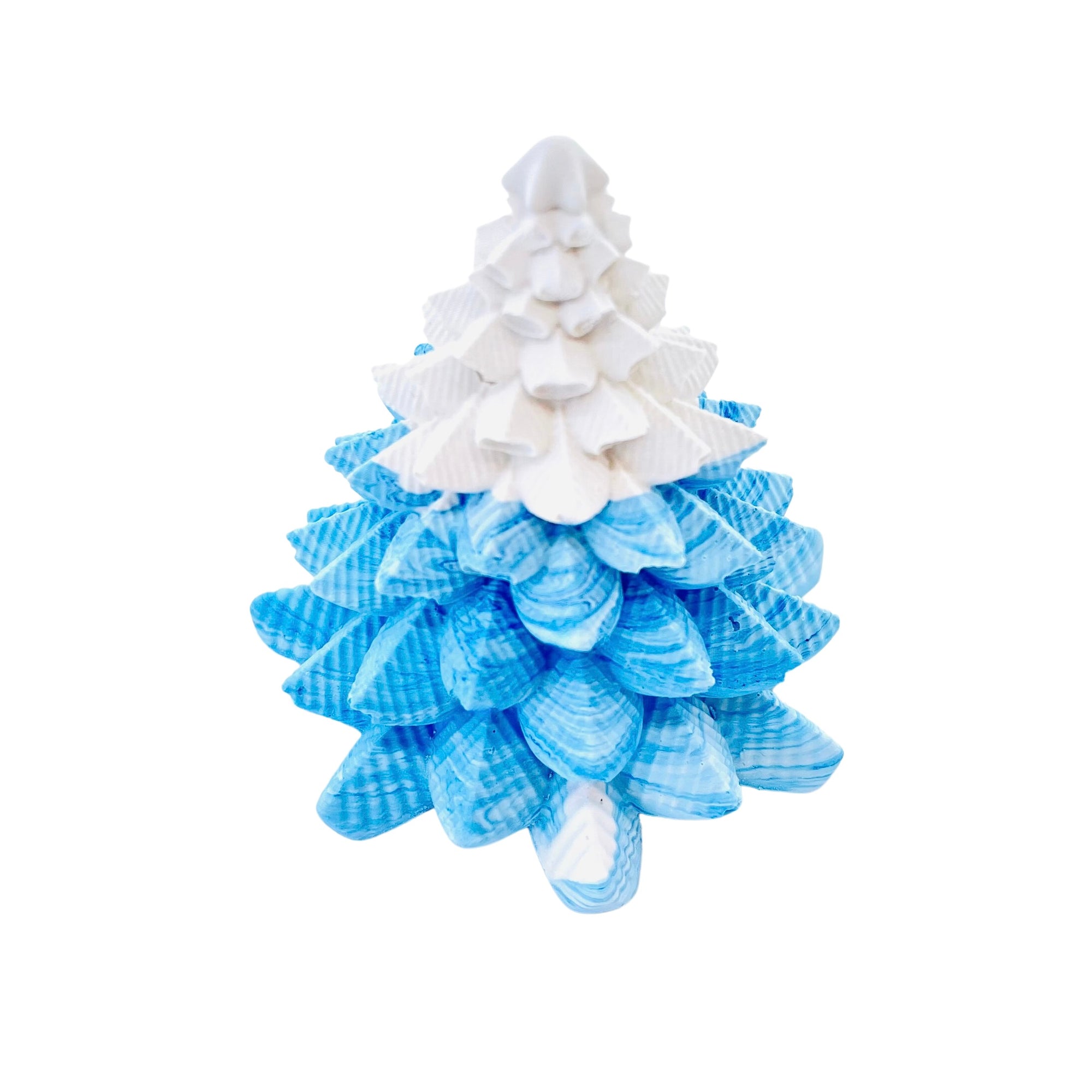 A small Jesmonite Christmas tree measuring 8.5cm tall and 7.5cm wide marbled with blue and white  pigment.