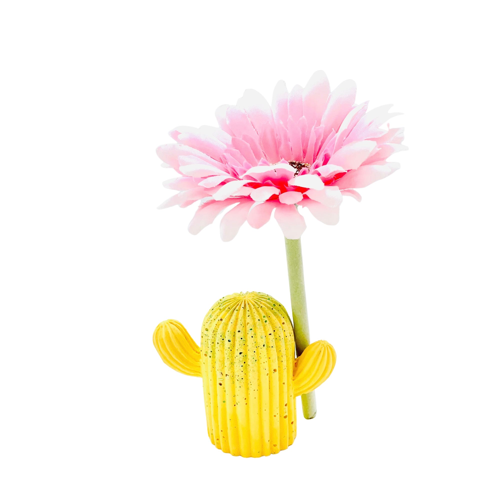 A medium size Jesmonite cactus measuring 7.5cm tall coloured yellow and sprinkled with green glitter.