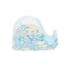 A Jesmonite elephant mobile phone stand measuring 6.5cm in length marbled with baby blue pigment.