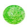 A circular mandela coaster measuring 9.3cm in diameter and 0.8 cm in height marbled with lime green pigment.