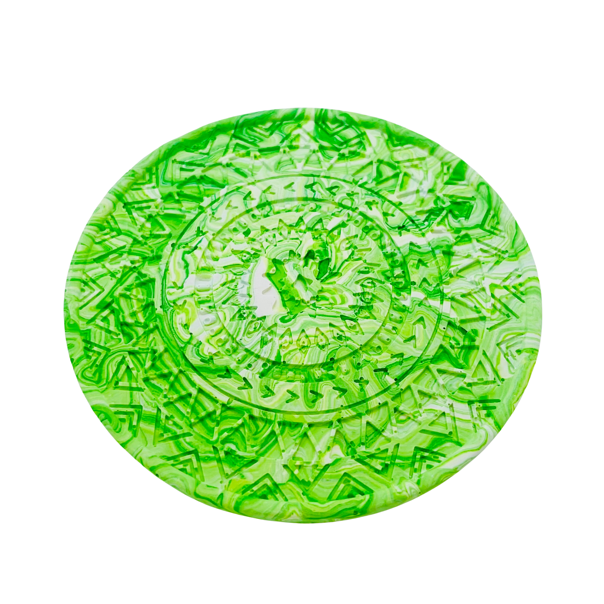 A circular mandela coaster measuring 9.3cm in diameter and 0.8 cm in height marbled with lime green pigment.