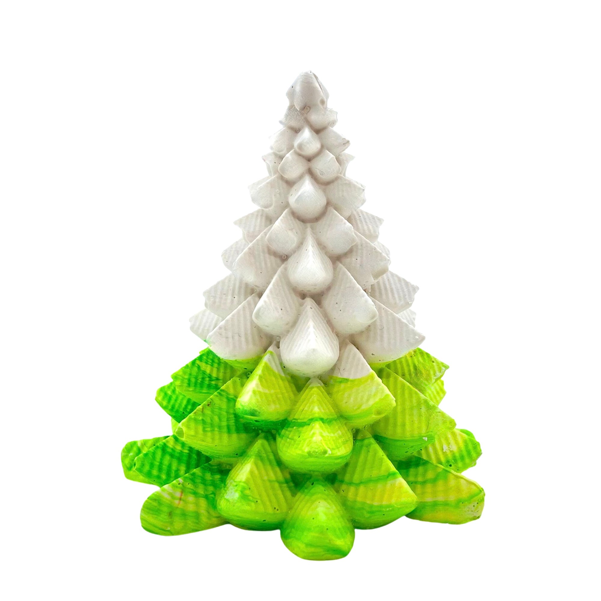 A small Jesmonite Christmas tree measuring 8.5cm tall and 7.5cm wide marbled with lime and white pigment.