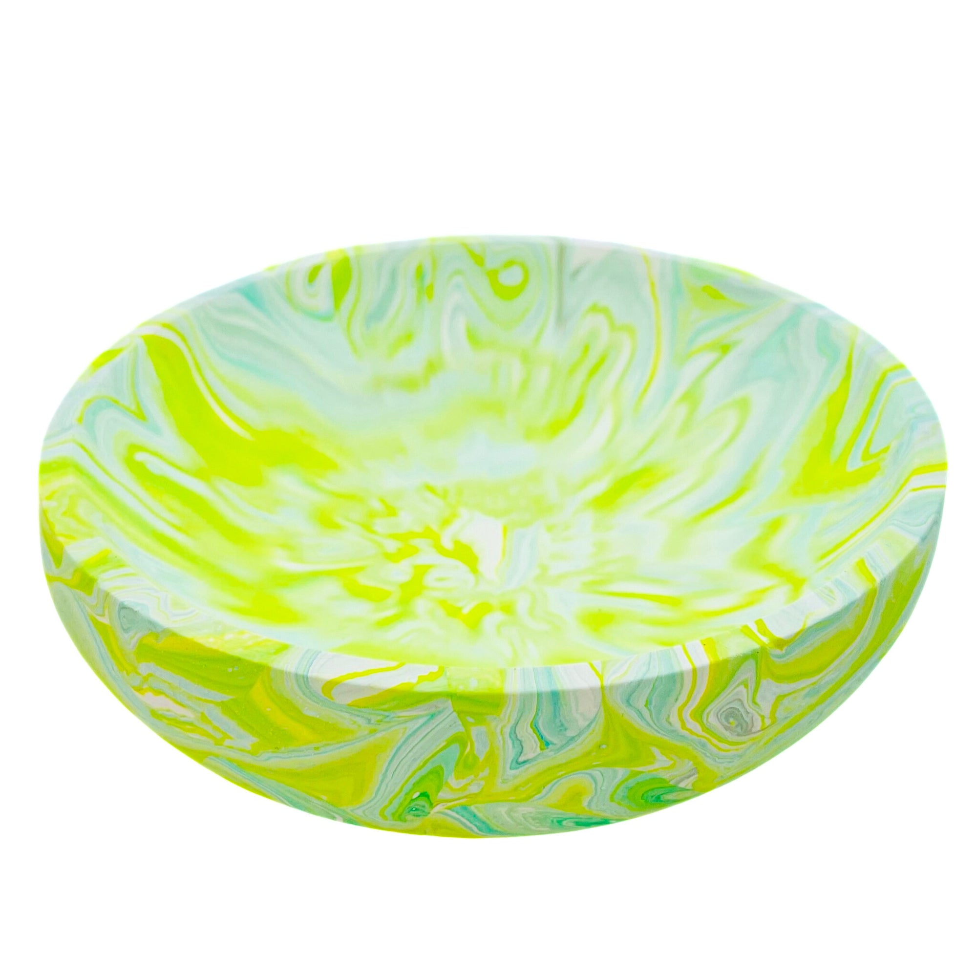 A shallow medium size Jesmonite bowl marbled with turquoise and lime pigment.