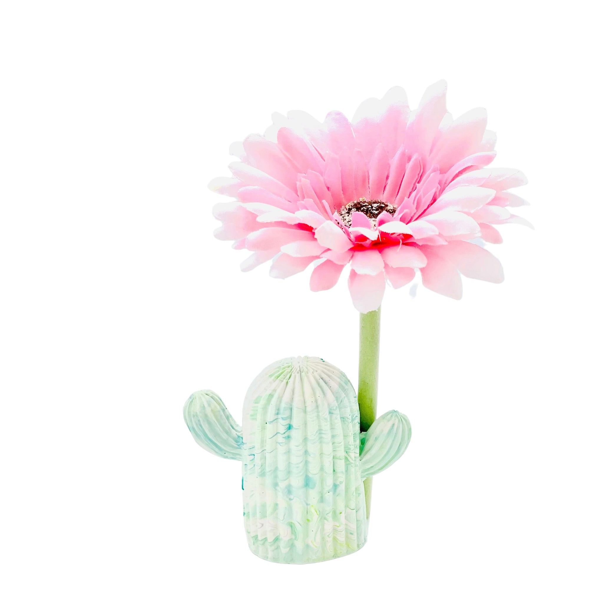 A medium size Jesmonite cactus measuring 7.5cm tall marbled with turquoise and green pigment.