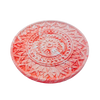 A circular mandela coaster measuring 9.3cm in diameter and 0.8 cm in height marbled with red pigment.